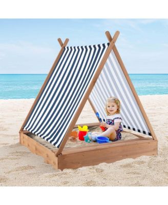 Wooden Sandbox with Canopy Tent Design Fir Wood Frame 2 Bench Seats Bottom