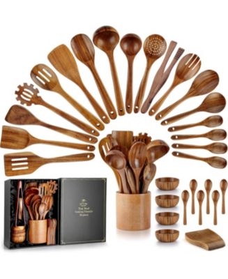 Zulay Kitchen 30-Piece Natural Teak Utensil Set with Premium Gift Box ...
