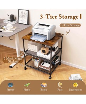 3-Tier Printer Stand Rolling Fax Cart with Adjustable Shelf & Swivel Wheel