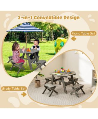 Kids Wooden Table Set with Octagon Table 4 Stools & Removable Adjustable Umbrella
