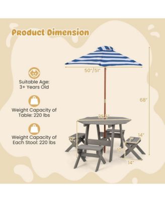 Kids Wooden Table Set with Octagon Table 4 Stools & Removable Adjustable Umbrella