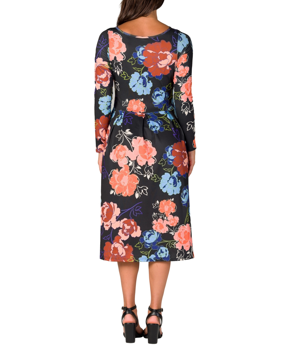 24seven Comfort Apparel Women's Black Floral Midi Length Long Sleeve Pocket Dress In Black Multi