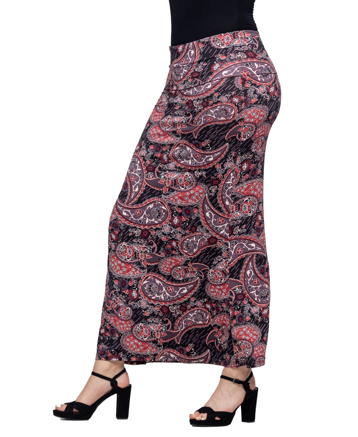 Shop 24seven Comfort Apparel Women's Paisley Print Fold Over Waist Maxi Skirt In Black Multi