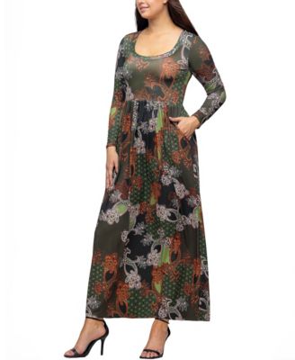 Women's Green Long Sleeve Empire Waist Pocket Maxi Dress