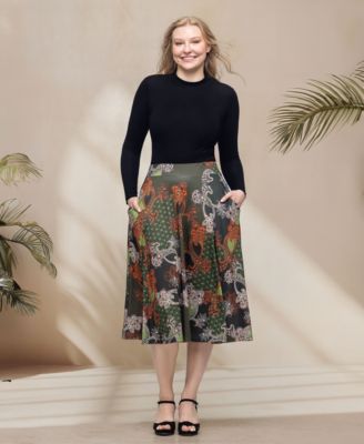 Women's Green Print Elastic Waist Pocket Midi Skirt