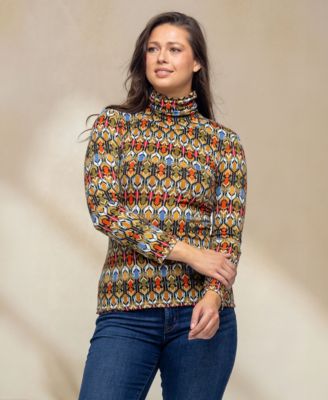 Women's Multicolor Geo Pring Long Sleeve Turtleneck Top