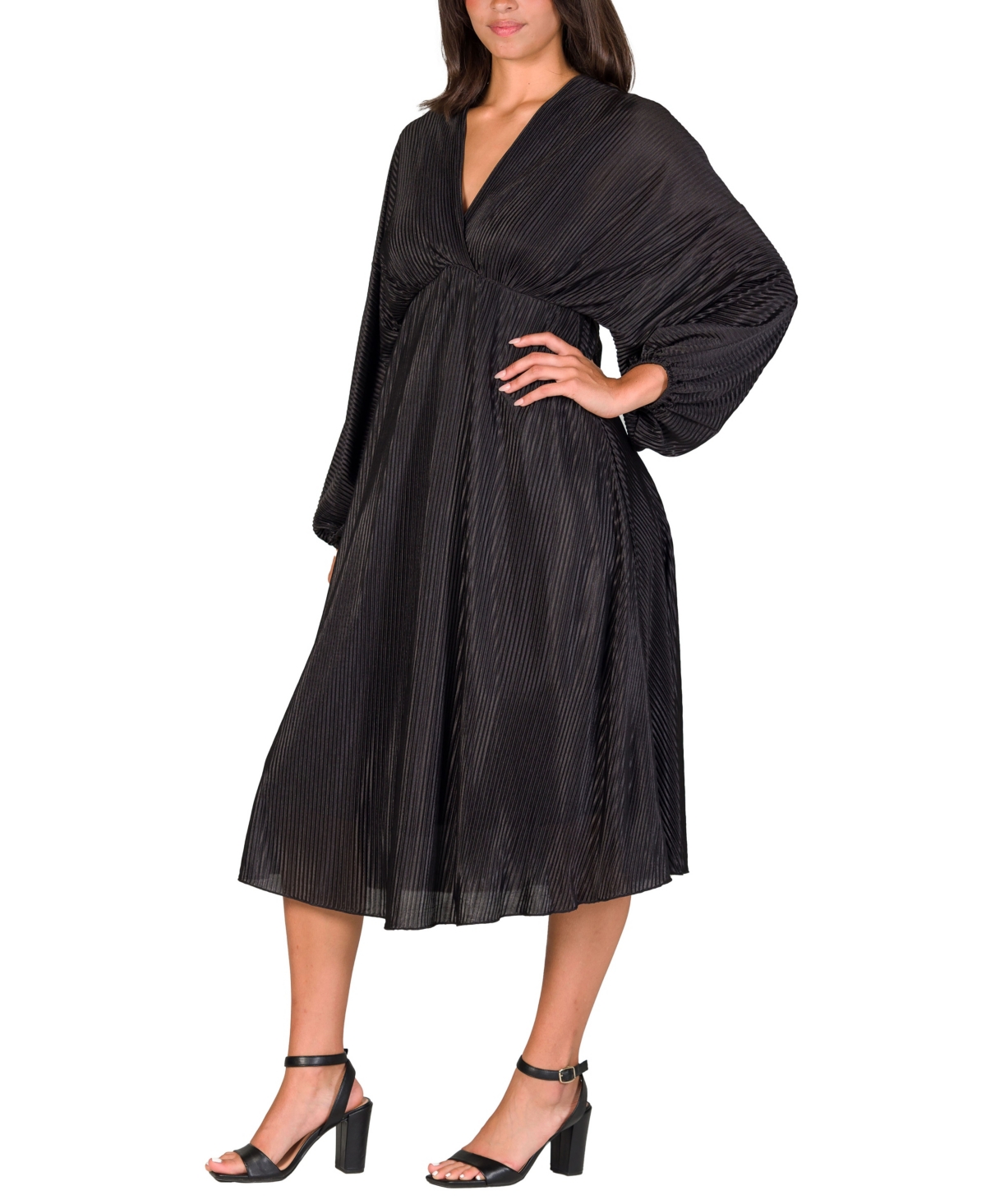 24seven Comfort Apparel Shimmer Pleated V-neck Empire Waist Bishop Sleeve Midi Dress In Black