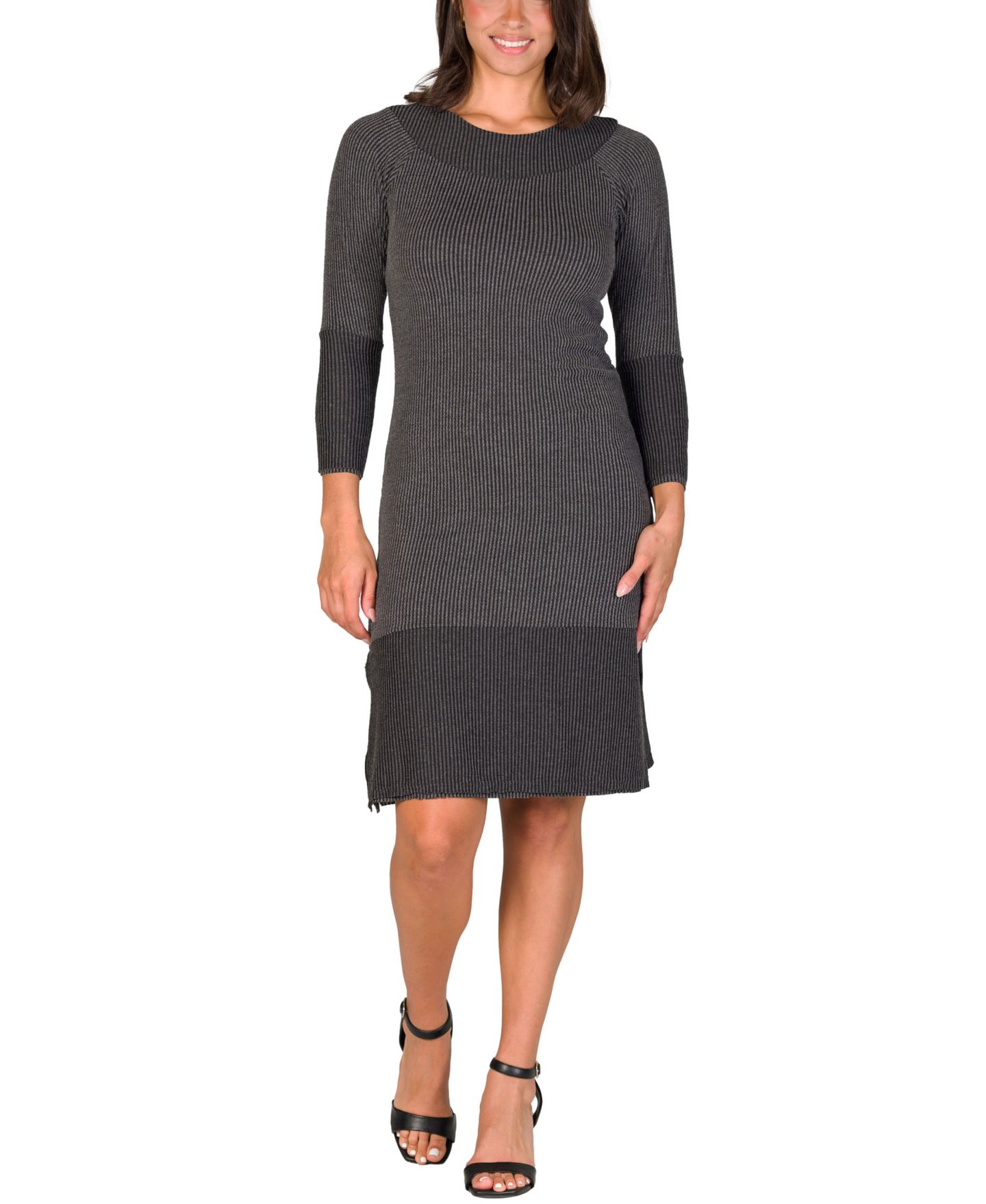 Женское платье 24seven Comfort Apparel Ribbed Knit Long Sleeve Split Hem Sweater Dress, цвет: Чёрный — фото 1