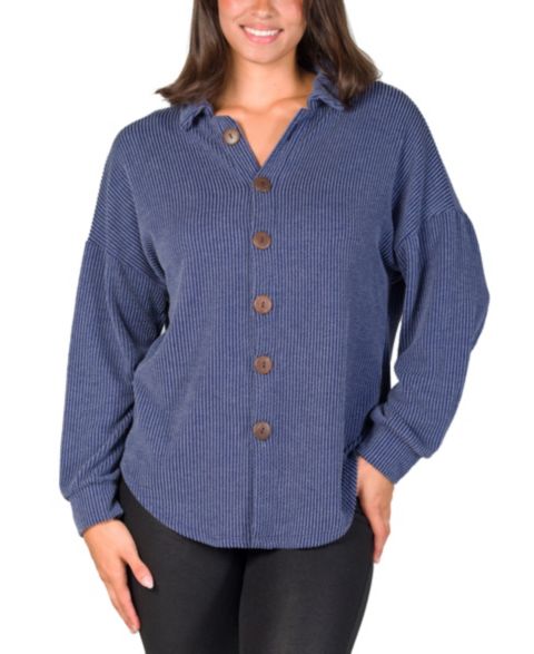 Женские куртки 24seven Comfort Apparel Ribbed Button Up Long Sleeve Collared Shirt Jacket