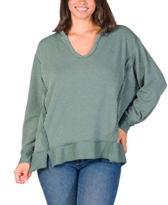Women's Relaxed Fit Ribbed Knit V Neck Sweatshirt Top