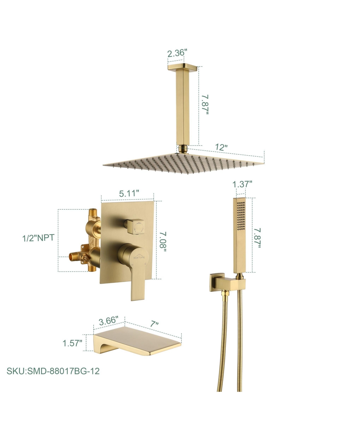 Boyel Living Ceiling Mount Single-Handle 1-Spray Tub and Shower Faucet with in. Fixed shower head (Valve Included)