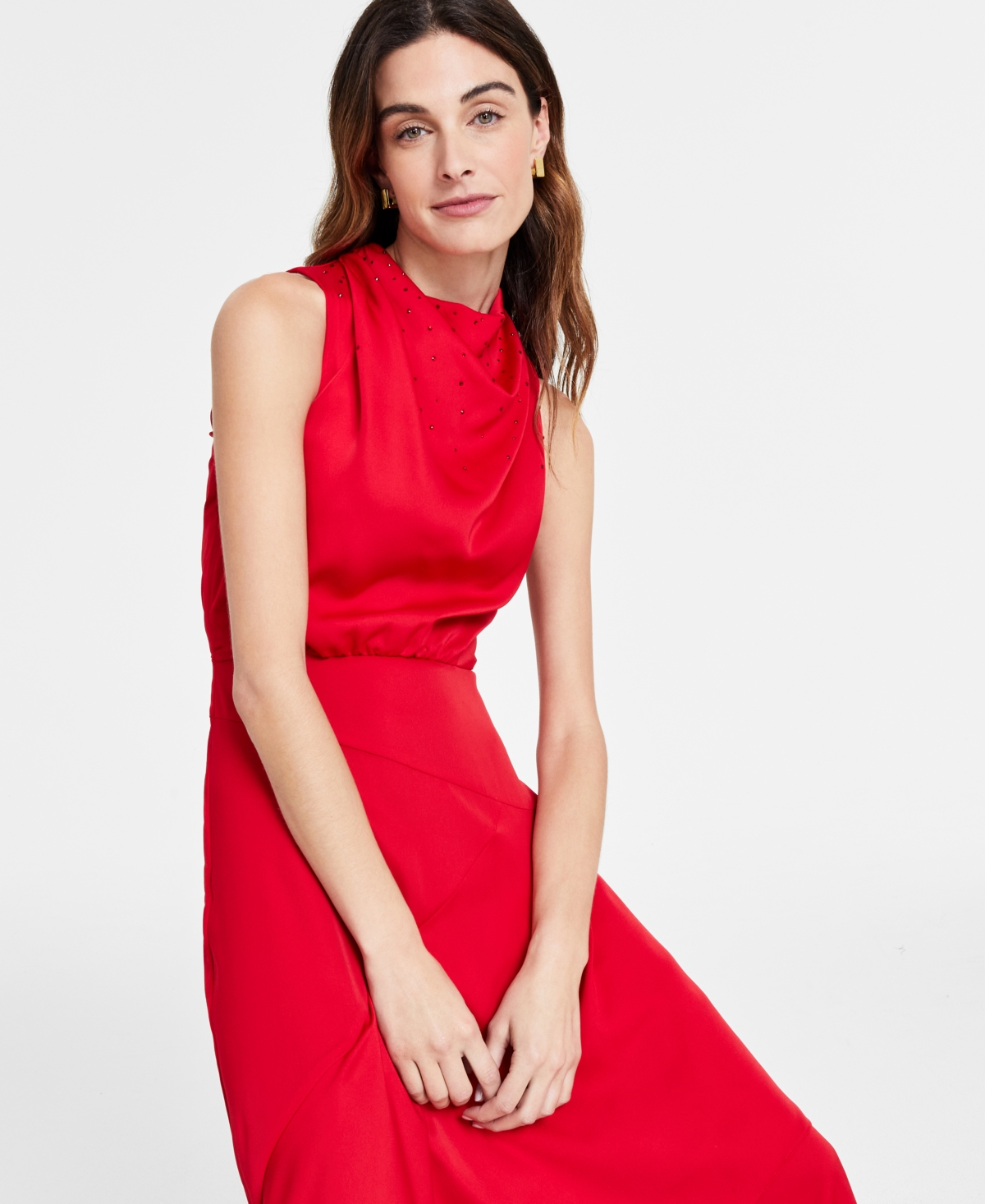 Karl Lagerfeld Paris Women's Satin Embellished Mock Neck Dress