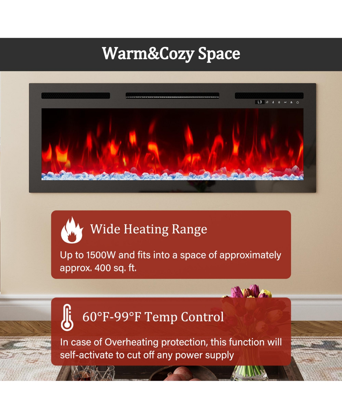 Boyel Living 29.3 in. Wall Mounted Recessed Electric Fireplace with Multi-Color Flame - Black