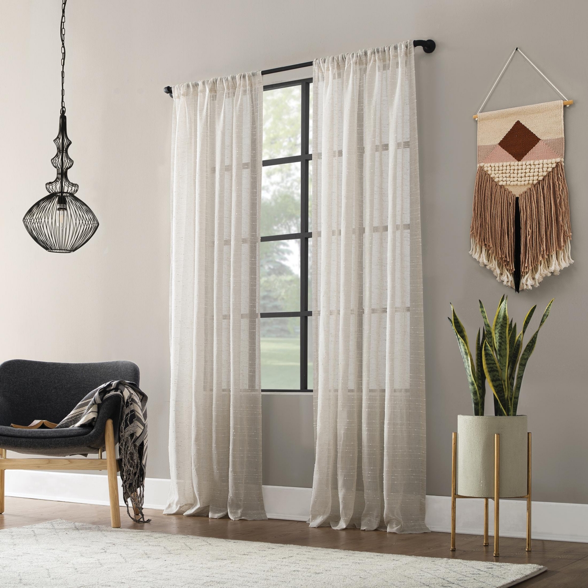 Clean Window Textured Slub Stripe Anti-DustBlend Sheer Curtain Panel - Linen