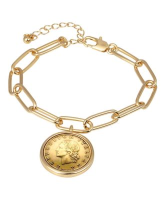 16457 Italian 20 Lira Coin Goldtone Elongated Link Bracelet