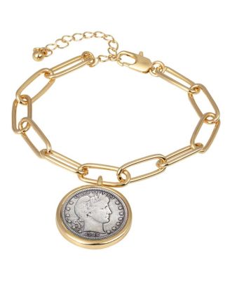 16465 Barber Dime Coin Goldtone Elongated Link Bracelet