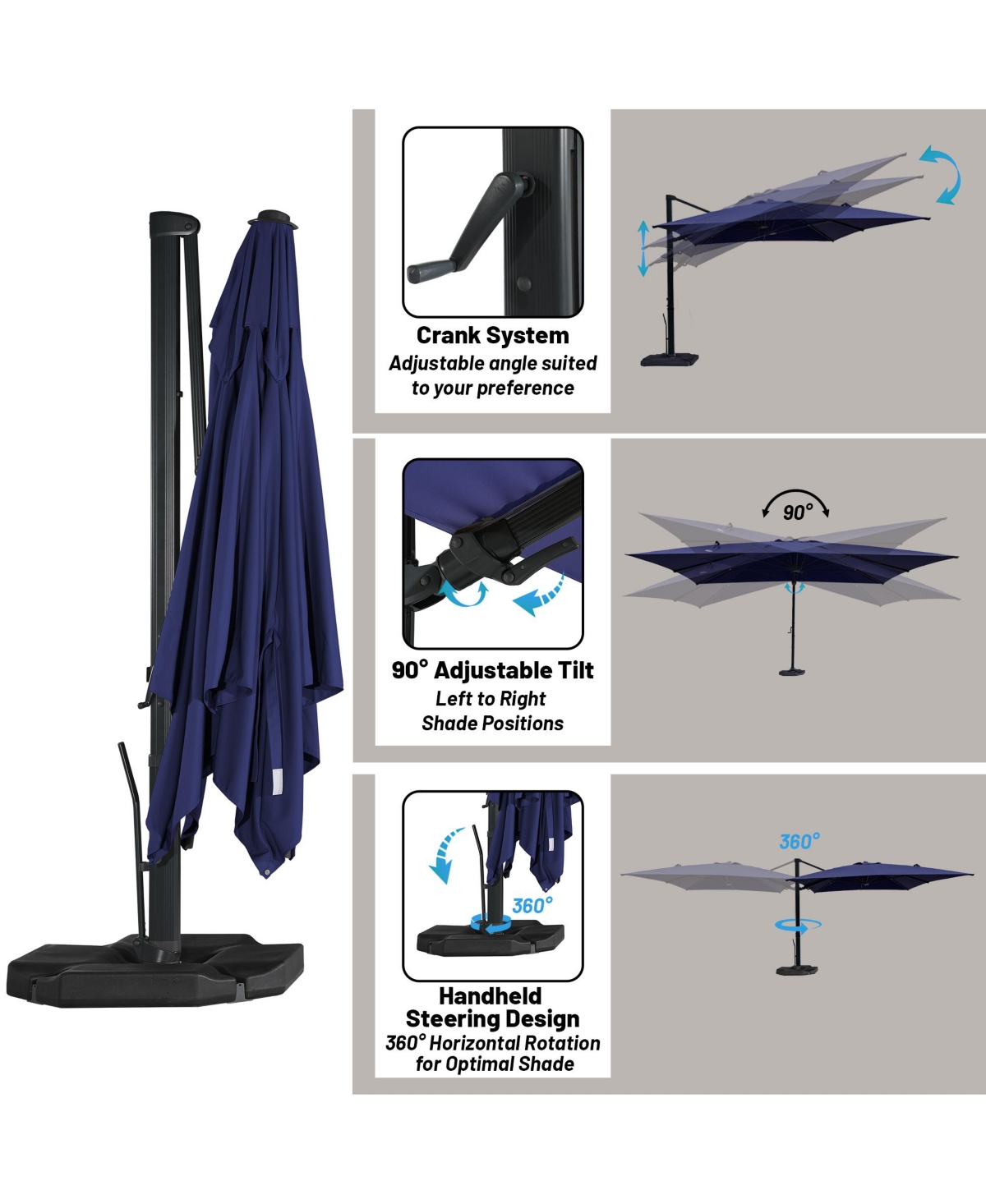 Boyel Living ft. 360° Rotation Square Cantilever Umbrella with Base and Led Light