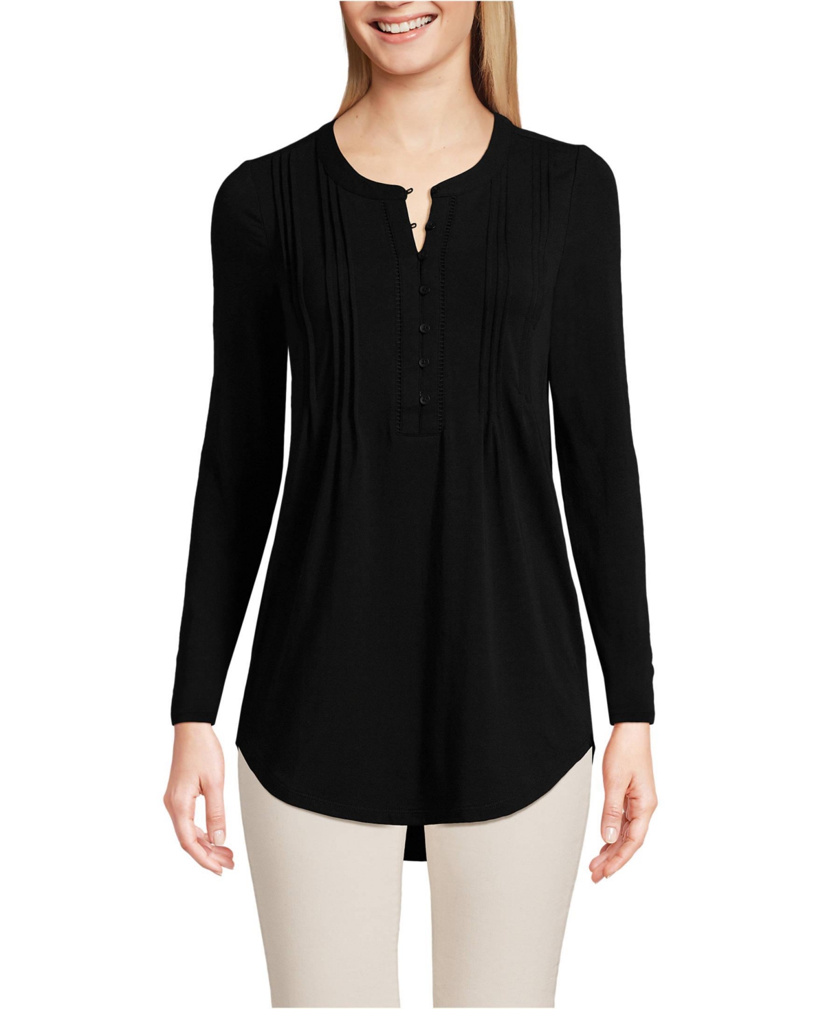 Lands' End Women's Petite Long Sleeve Lattice Pintuck Tunic