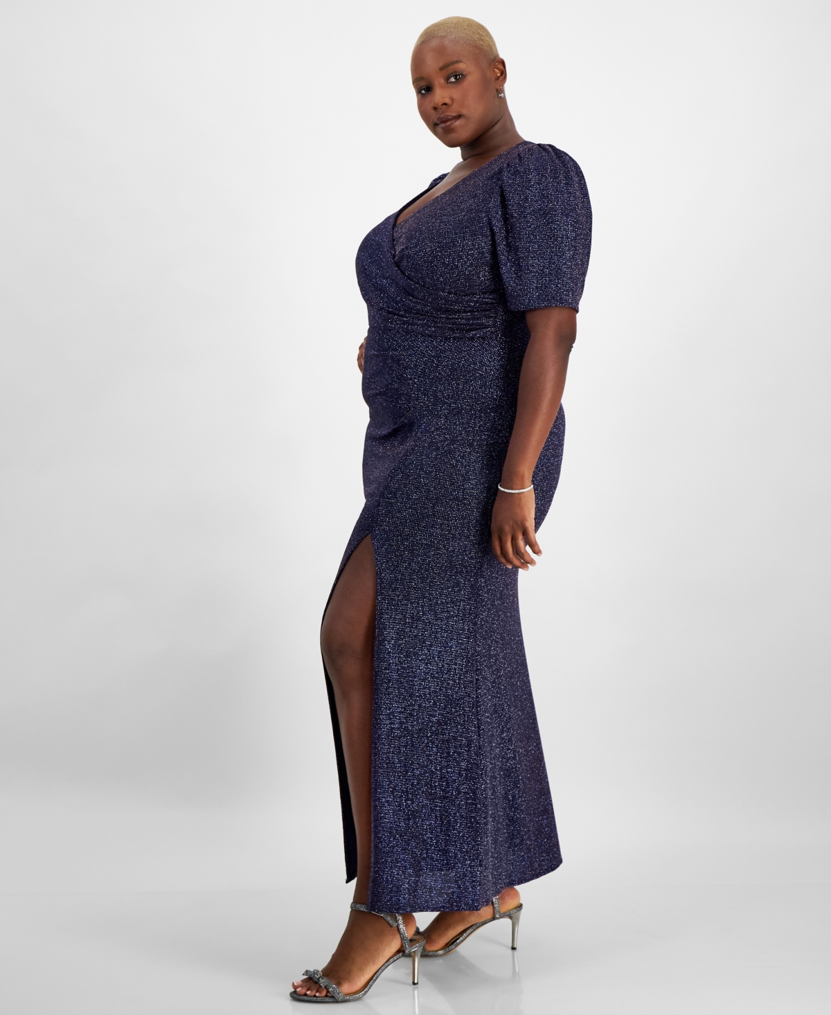 Alex Evenings Plus Size Metallic-Knit Surplice-Neck Gown