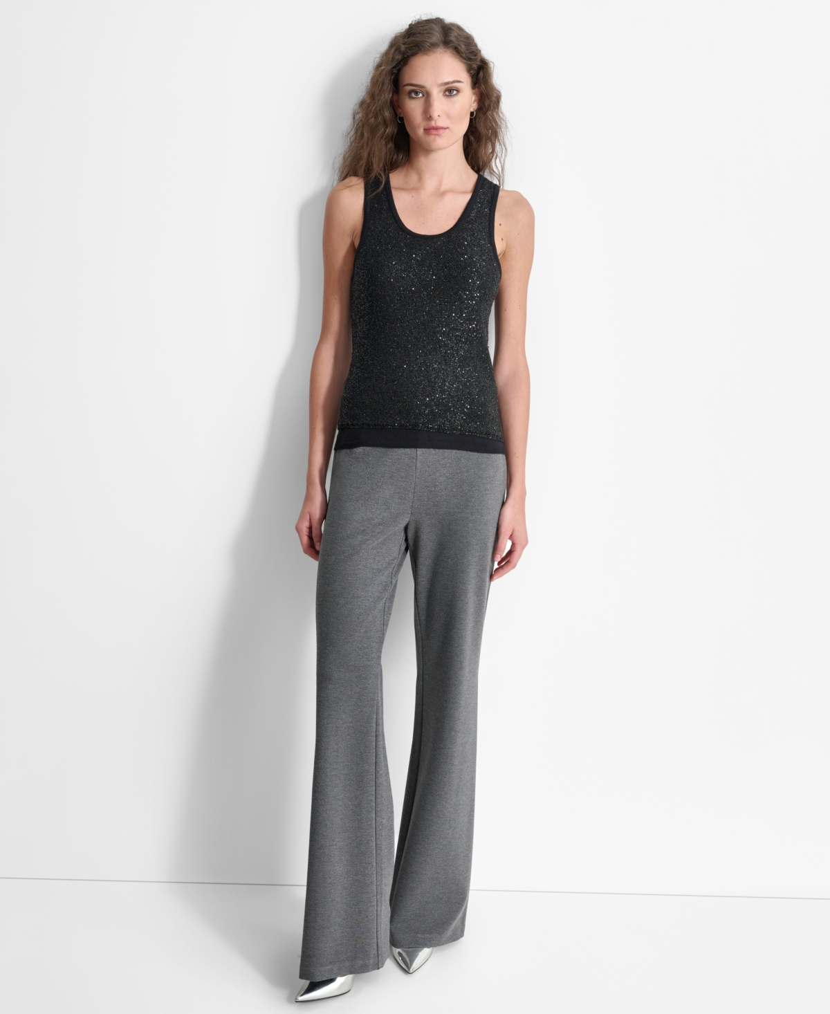Dkny Women's Round-Neck Sleeveless Sequin Tank Top -black