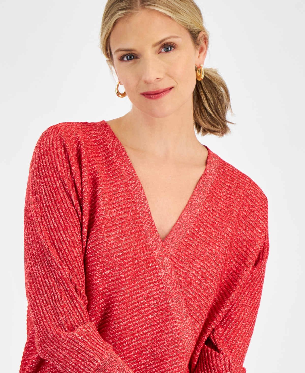 JM COLLECTION WOMEN'S FAUX-WRAP LONG-SLEEVE SPARKLE SWEATER, CREATED FOR MACY'S 