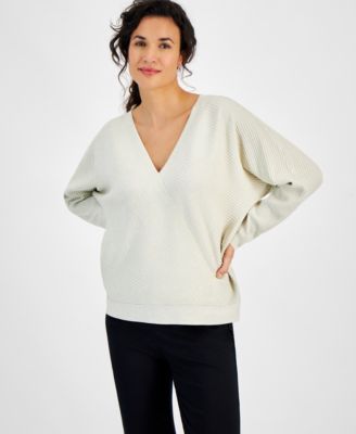 JM Collection - Women's Faux-Wrap Long-Sleeve Sparkle Sweater