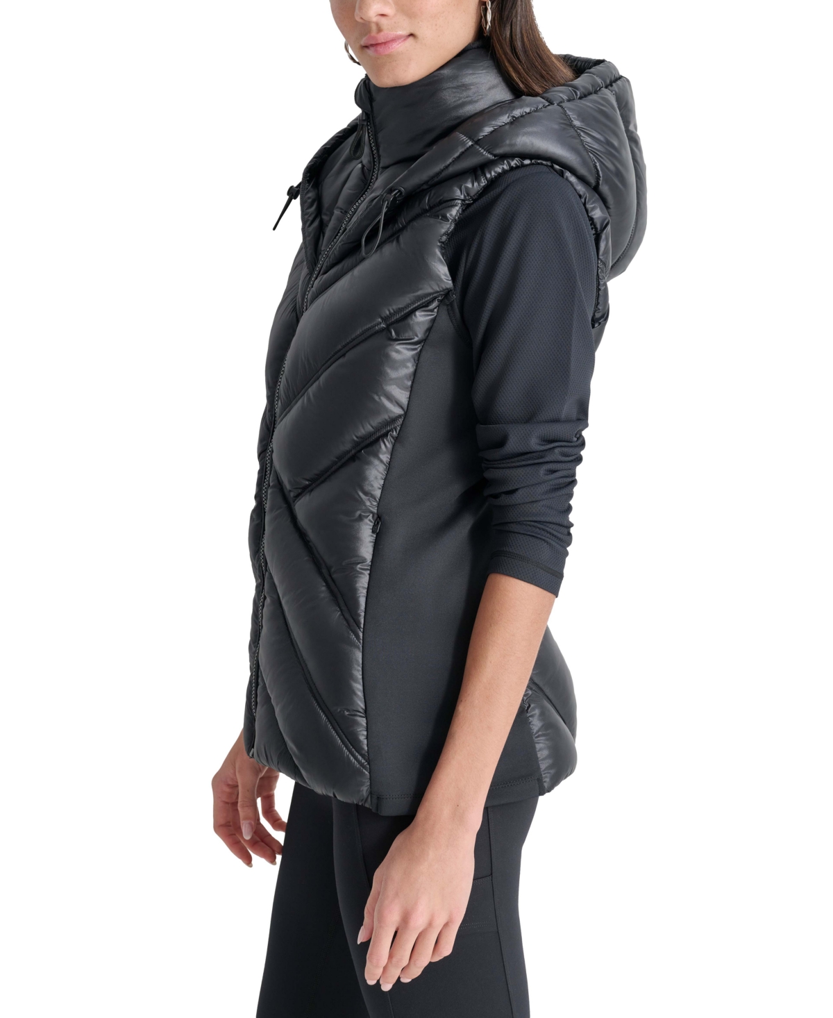 Dkny Women's Hooded Puffer Vest with Contrast Scuba and Teddy Faux Fur Collar