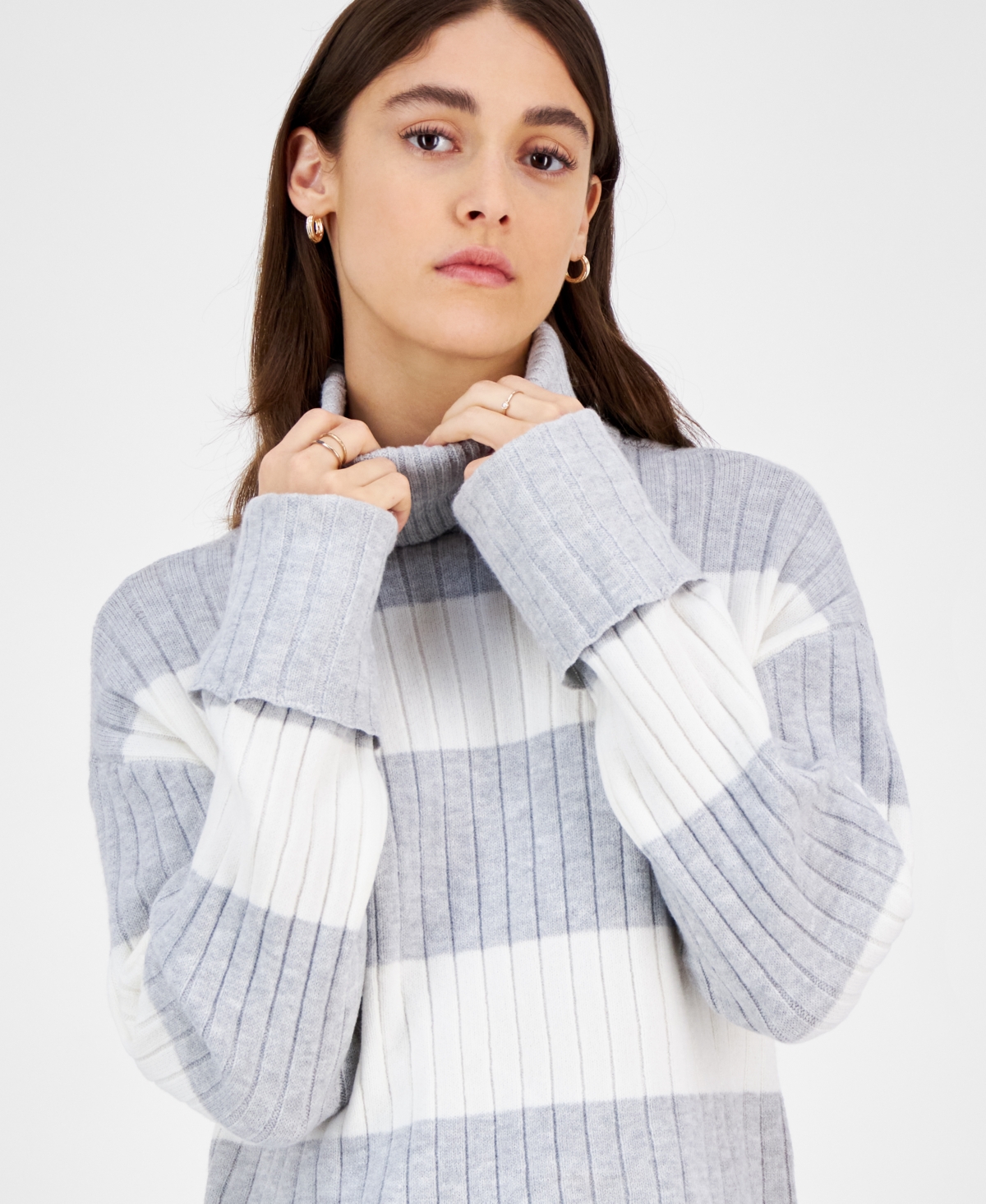 Ultra Flirt Juniors' Stripe Cuffed Sleeve Turtleneck Sweater -White