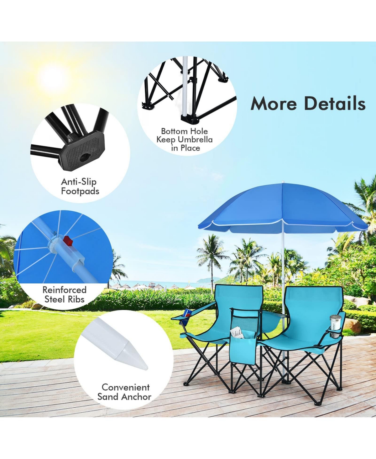 Vebreda Portable Folding Picnic Double Chair With Umbrella