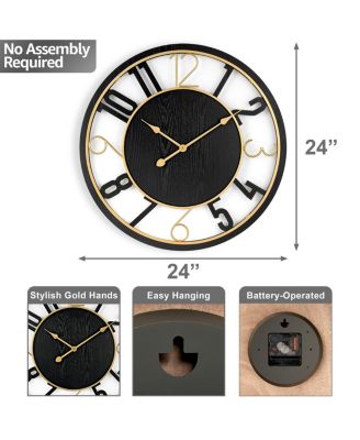 24" Modern Wooden Wall Clock - Sleek Design, Analog Display - Complements Various Styles (Black)
