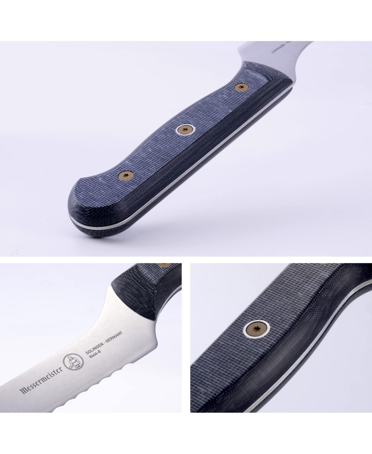 Messermeister Custom Offset Scalloped Knife, 8” - Silver with black textured handle