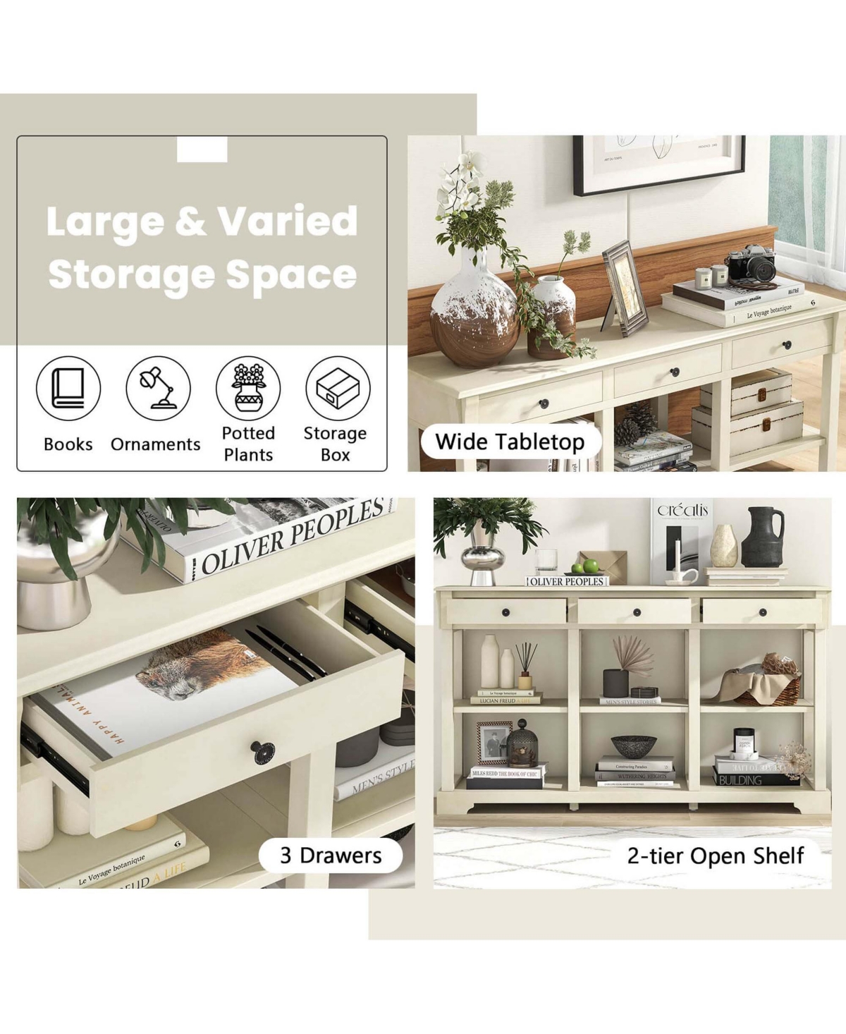 Costway Long Sofa Table with Storage Retro Console Table with 3 Drawers & Open Shelves