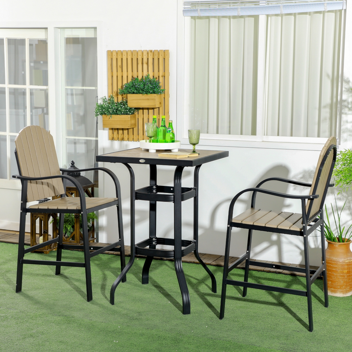 Outsunny 3 Piece Bar Height Patio Table and Chairs Set with Umbrella Hole - Brown and black