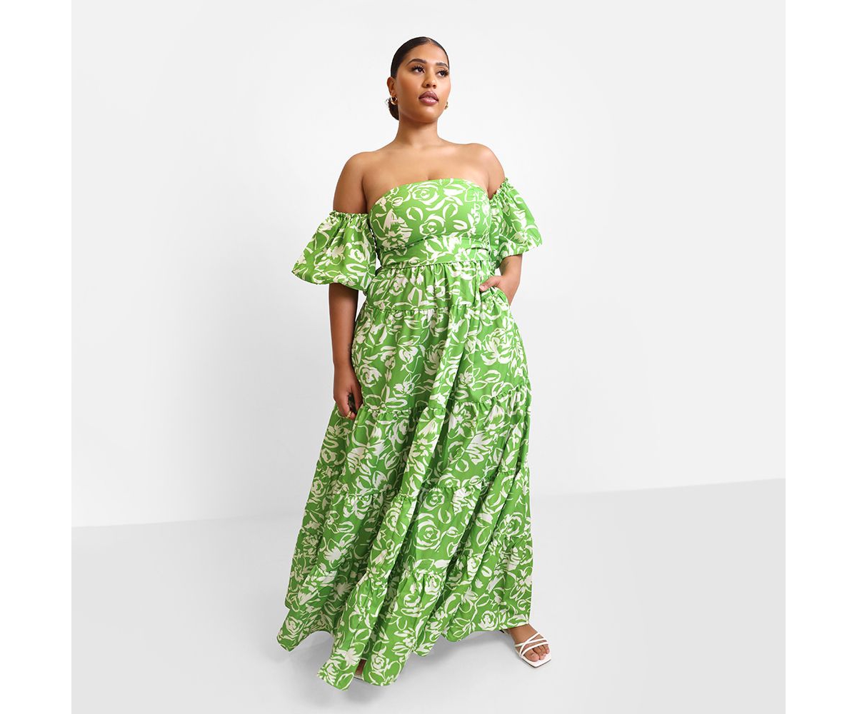 Rebdolls Plus Size Allegra Floral Puff Sleeve Belted Maxi Skater Dress