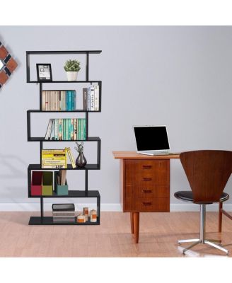 6 Tier S-Shaped Bookcase Z-Shelf Style Storage Display Modern Bookshelf Black