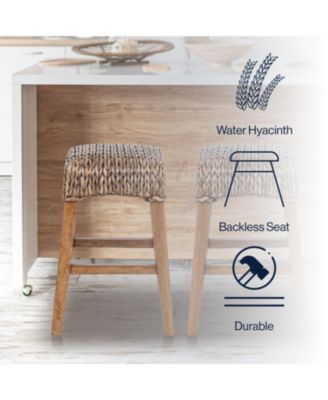 Maui 25.5" Rustic Bohemian Hyacinth/Wood Backless Counter Stool, Brown Wash Woven Seat with Natural Wood Frame