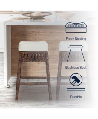 Bali 25.5" Bohemian Basics Rattan Backless Counter Stool, White Cushion with Dark Brown Woven Frame