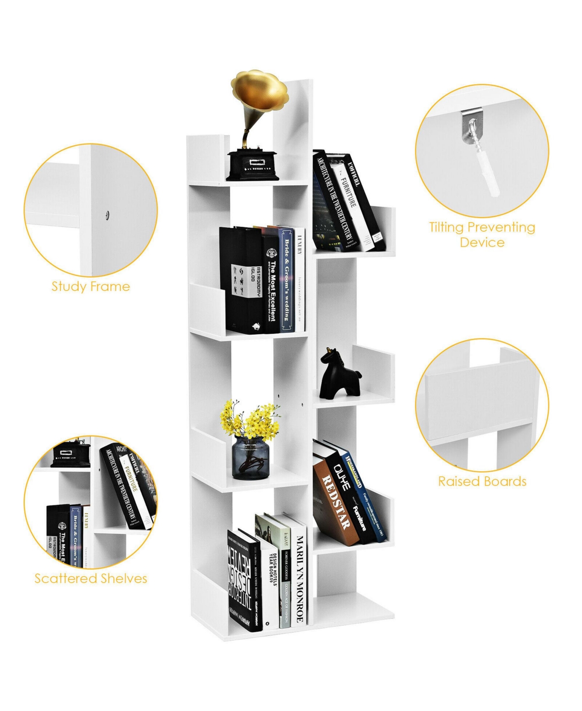 Gymax 8-Tier Bookshelf Bookcase w/8 Open Compartments Space-Saving Storage Rack- White