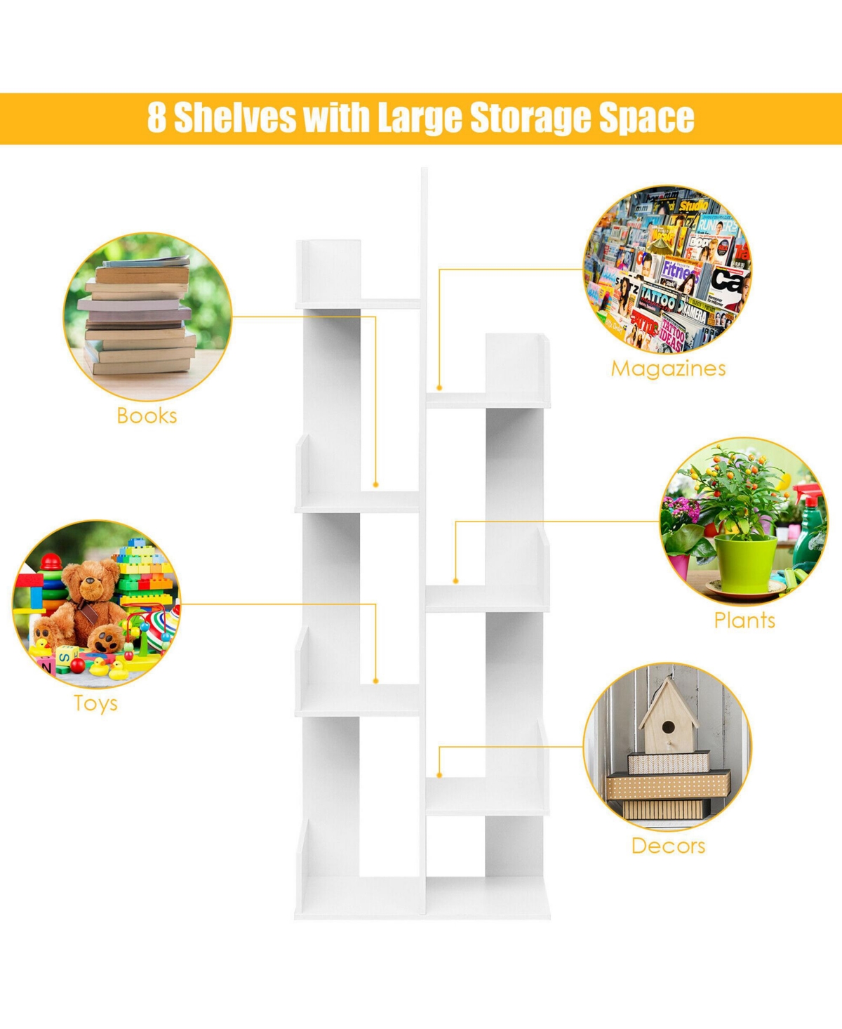 Gymax 8-Tier Bookshelf Bookcase w/8 Open Compartments Space-Saving Storage Rack- White