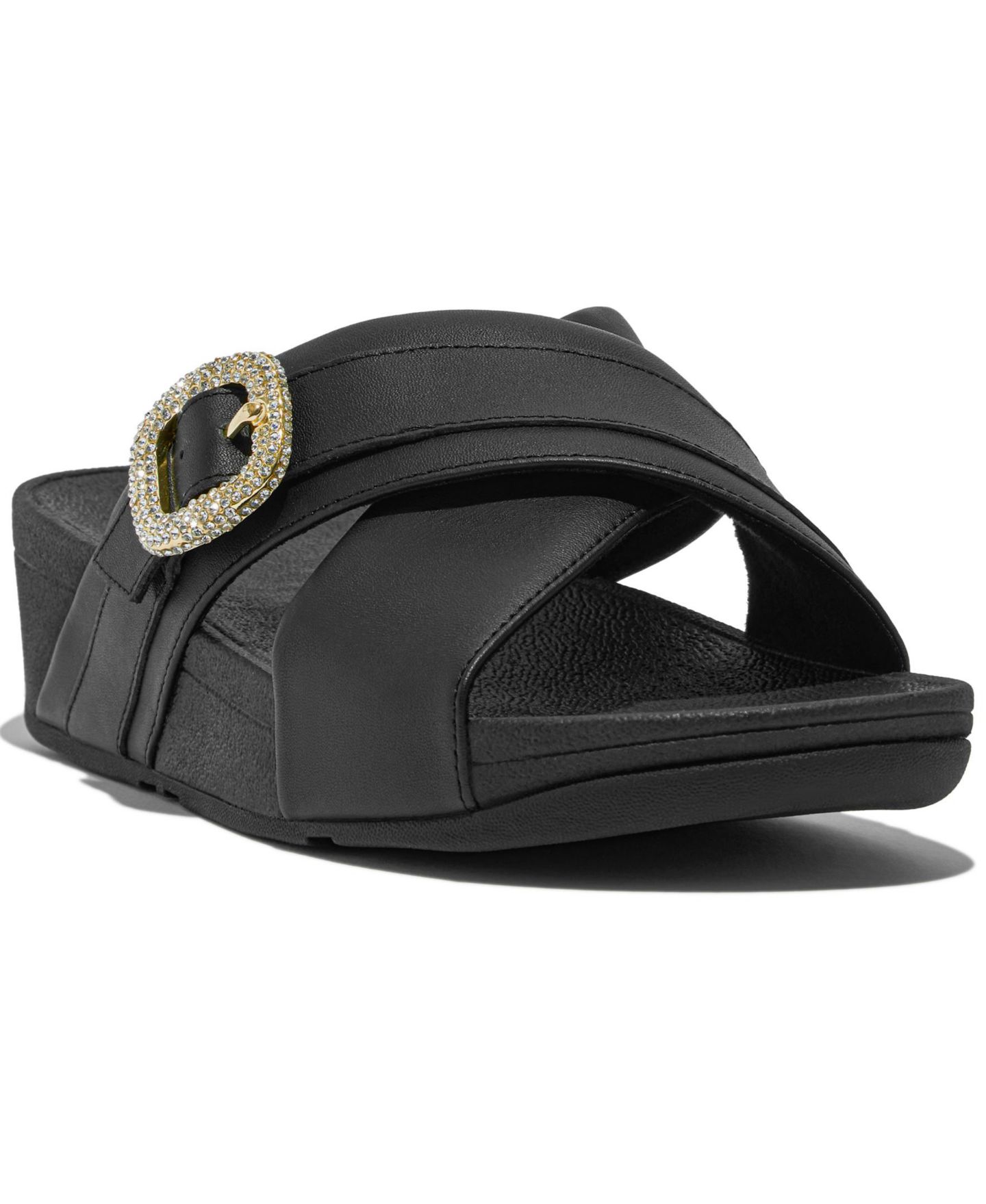 Женские сандалии FitFlop Lulu Crystal Buckle Leather Cross Slides Flats, цвет: Чёрный — фото 1
