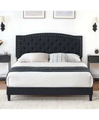 Upholstered Bed Frame with Height-Adjustable Headboard, Linen Platform Bed Frame Mattress Foundation with Wooden Slats Support, No Box Spring Needed, Black, Queen Size
