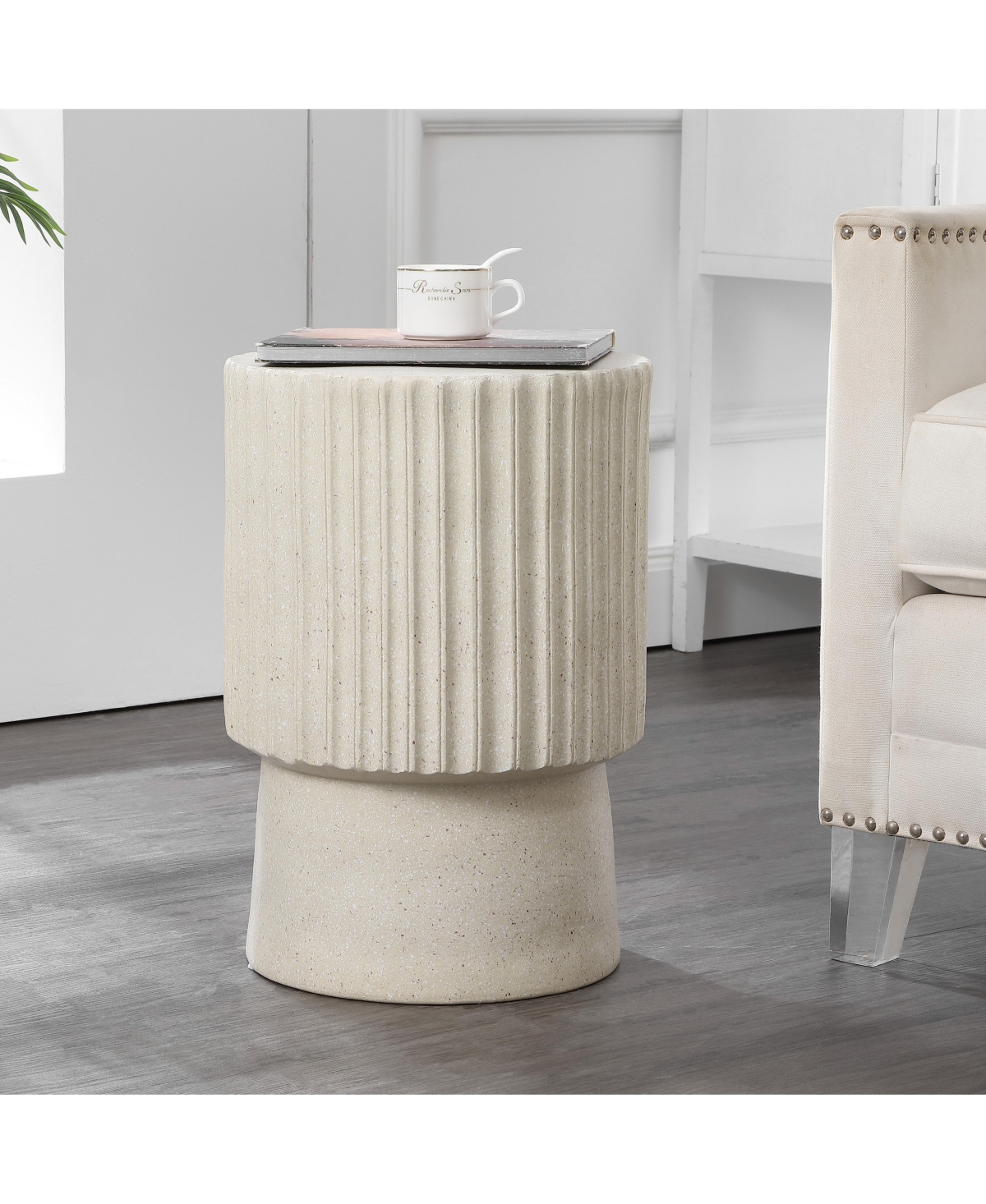 Jonathan Y Louisa 19" Modern Art Deco Tambour Indoor/Outdoor Accent Table, Pink Terrazzo