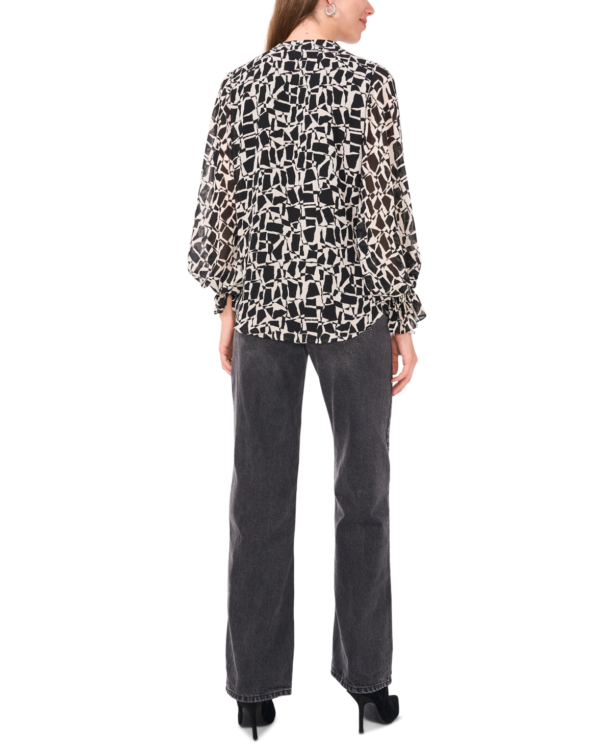 Vince Camuto Women's Geo-Print Split-Neck Smocked-Cuff Top