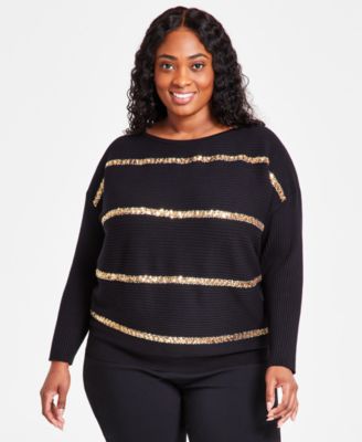 JM Collection - Plus Size Sequin-Stripe Boat-Neck Sweate