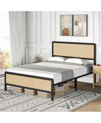 Queen Size Metal Bed Frame with Rattan Headboard and Footboard, Platform Bed Frame with Safe Rounded Corners, Under Bed Storage, Strong Metal Slat Support, No Box Spring Needed
