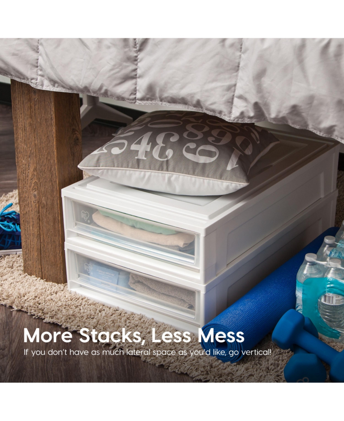 Iris Usa 27.5qt Plastic Under Bed Storage Containers with Sliding Organizer Drawers,- White