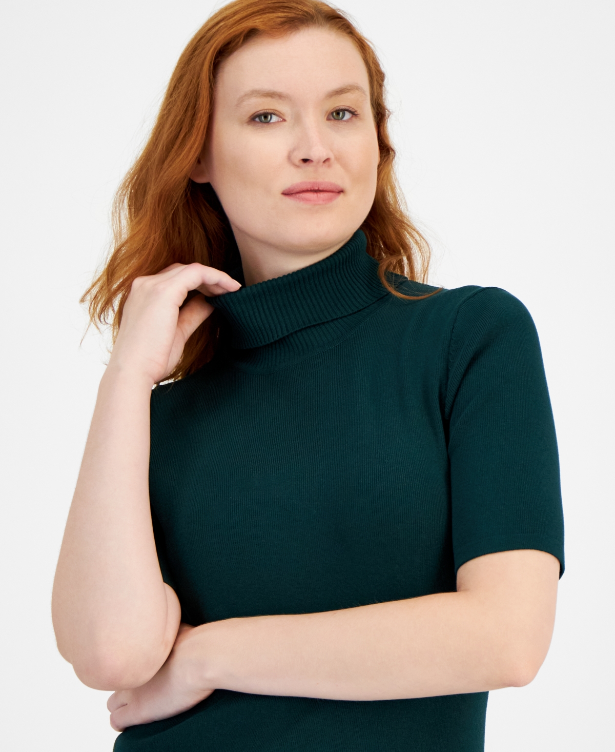 Anne Klein Turtleneck Short Sleeve Rib Sweater In Pine Forest
