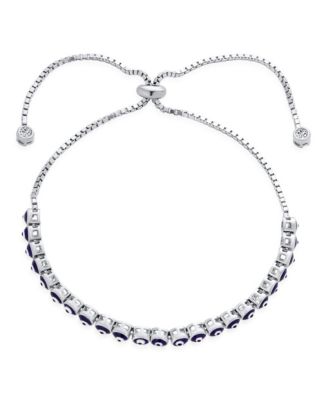 Round Shape Spiritual Protection Thin Layering Navy Blue Evil Eye Bolo Slide Style Bracelet .925 Sterling Silver Adjustable