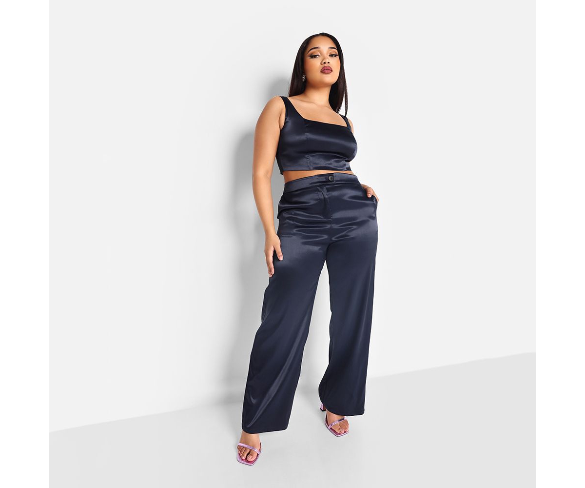 Plus Size Juliette Satin Wide Leg Pants W. Pockets - Ink blue