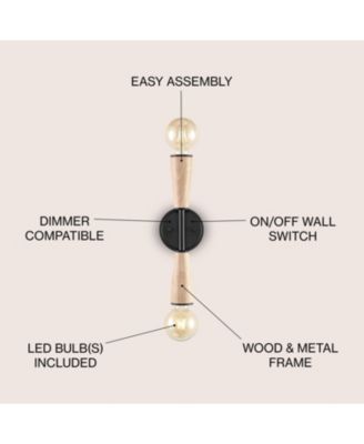 Katia 5.13" 2-Light Modern Designer Iron/Wood Double Sided Hourglass LED Sconce, Light Brown/Black